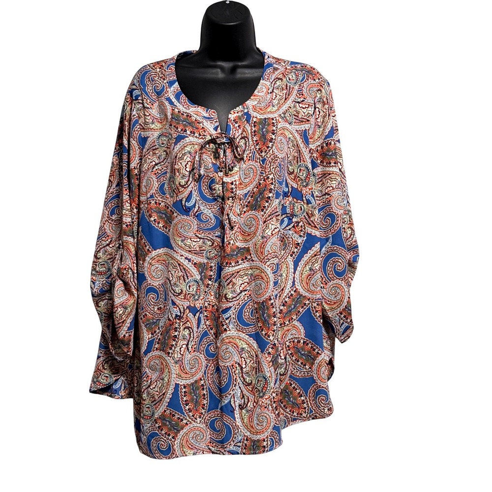 Faded Glory Womens 2X Blue Paisley Split Neck Roll Tab Sleeve Tunic Blouse Top